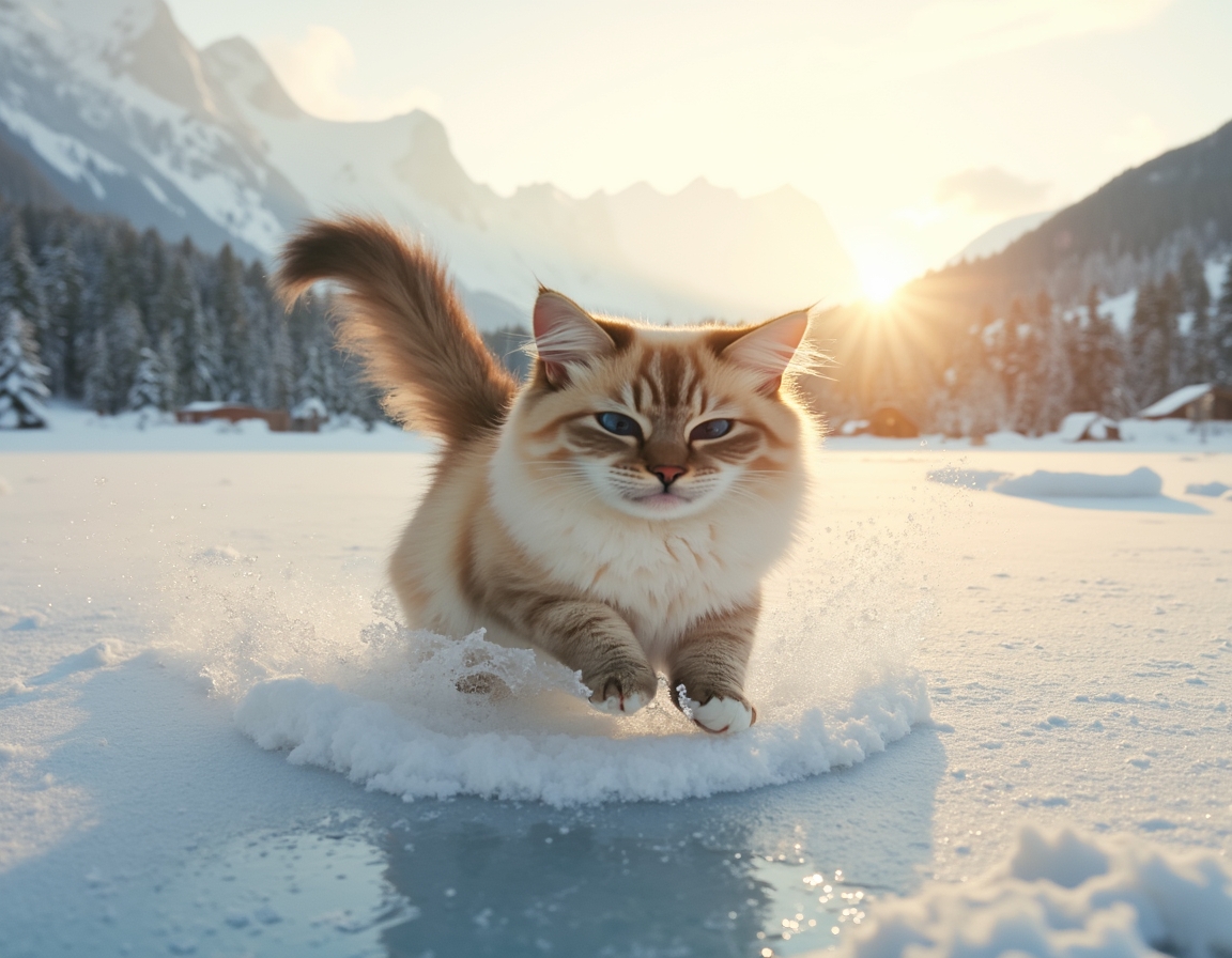 Cat enjoys a playful glide across a frozen lake, surrounded by snow-covered trees and distant mountains, with the soft glow of the setting sun reflecting off the ice.

